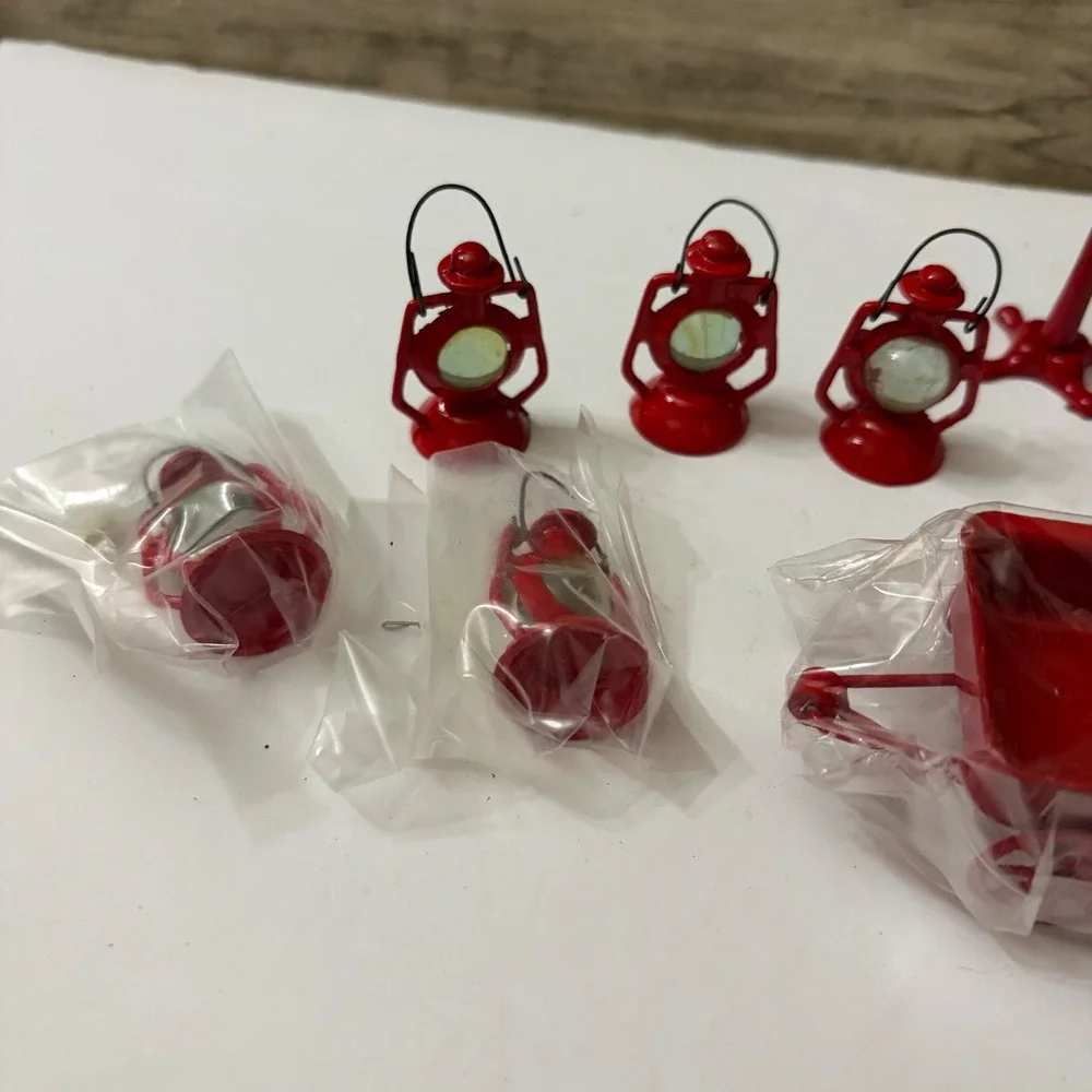 Vintage Style Miniature Red Metal Dollhouse Accessories Lot Wagon Bike Lanterns